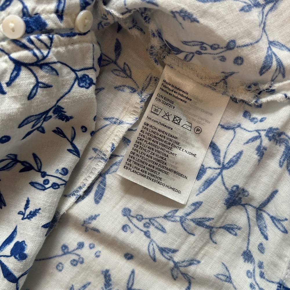 H&M Blue Floral Linen-Blend Puff Sleeve Blouse Size Med Cottagecore - Picture 5 of 7